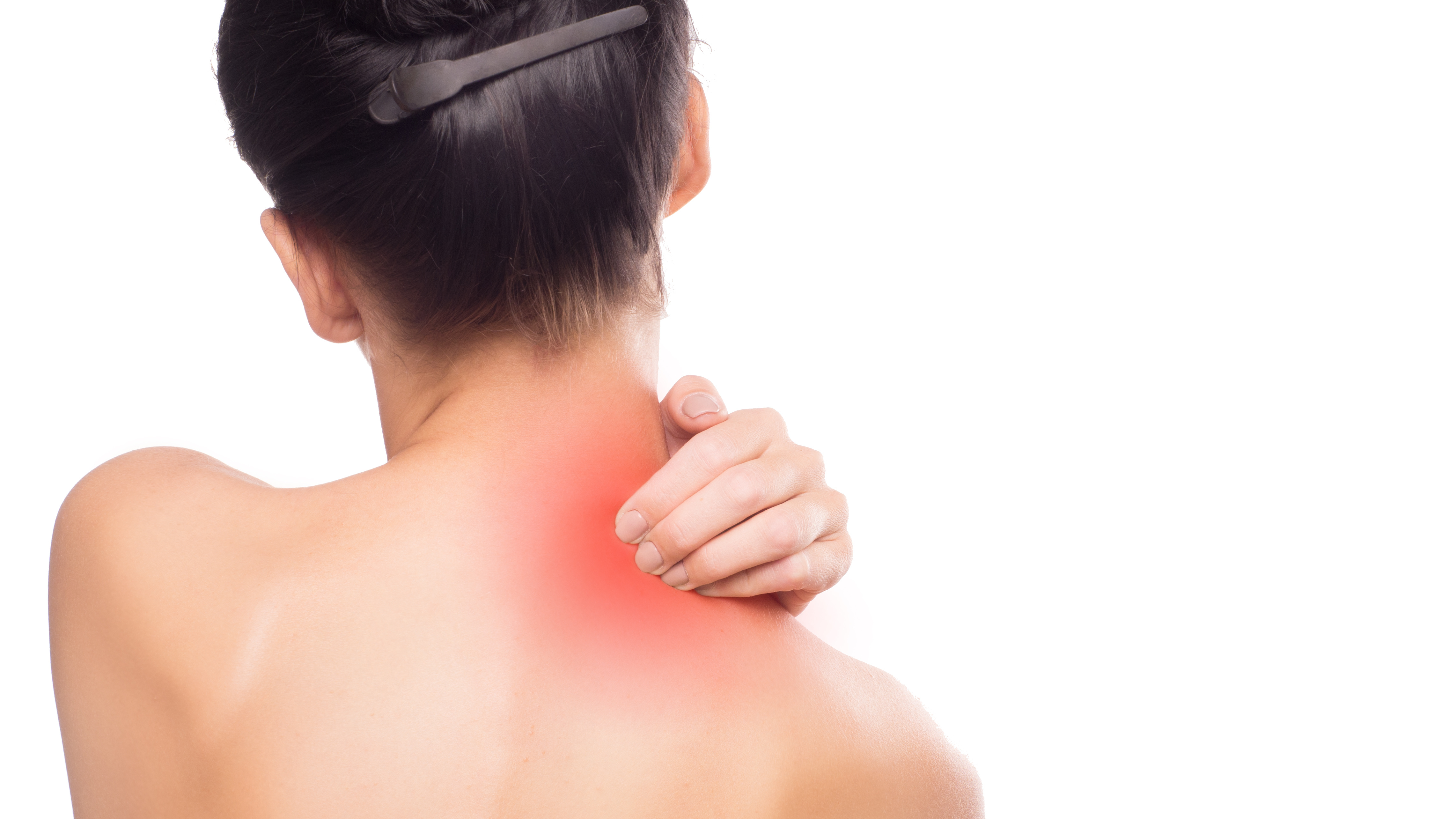 Pain. Woman touchig her neck. Massaging neck