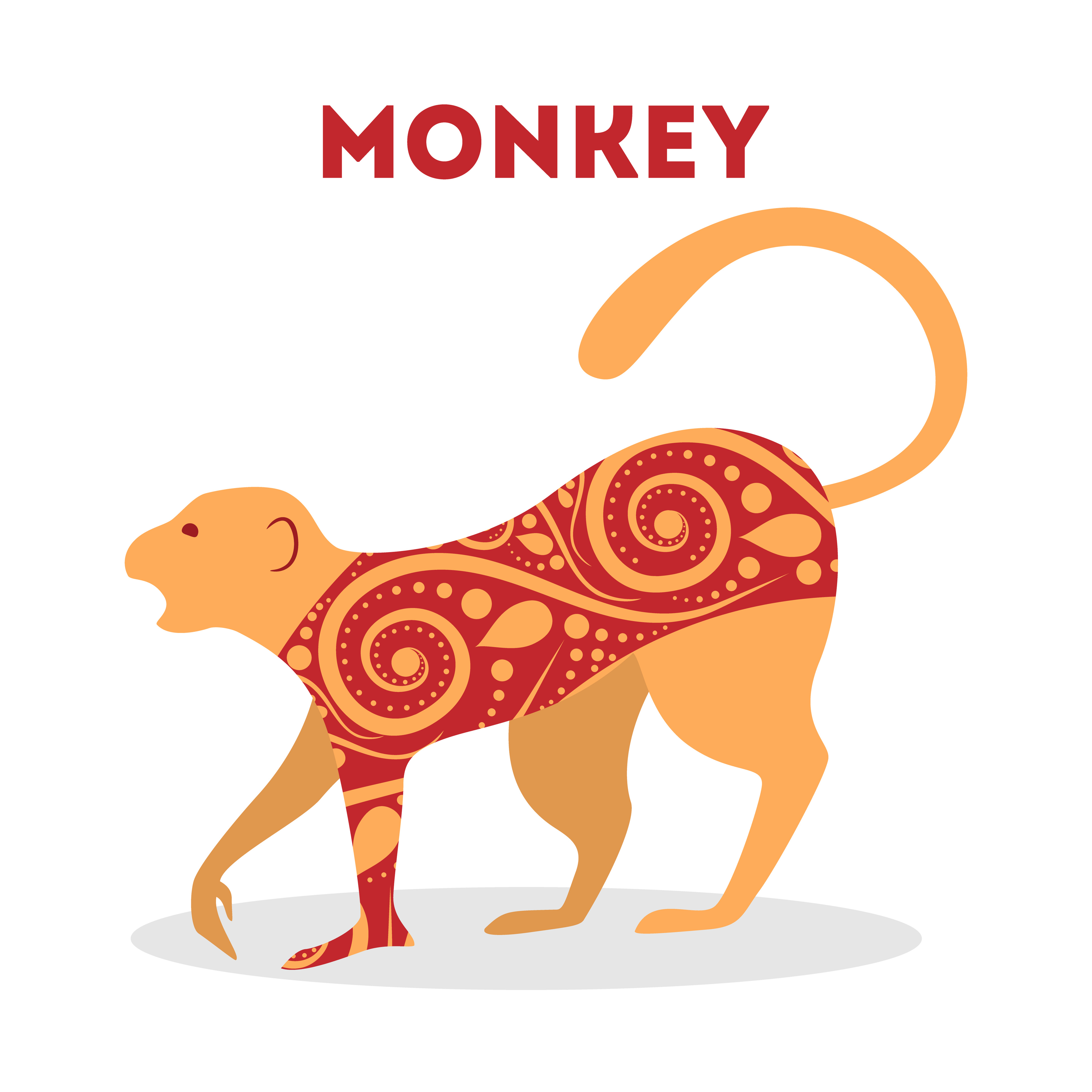 Vector illustration of traditional chinese zodiac animal. Monkey silhouette with pettern. Isolated vector illustration.